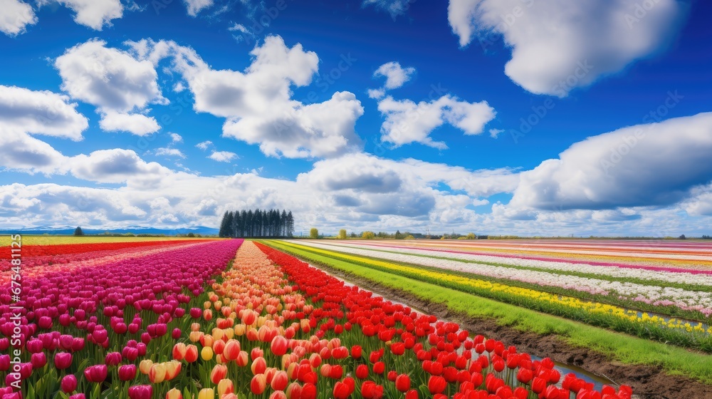 A beautiful field of colorful tulips in full bloom stretches as far as the eye can see, with vibrant balloons adding a touch of magic to this fantastic spring event