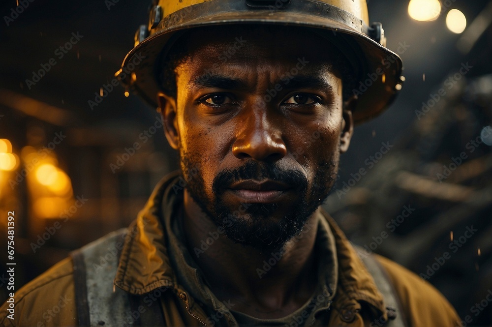 A brave black miner poses in the darkness of the earth's depths. concept of job, helmet, safety, employee, engineer, gold, working, professional, employment, engineering A brave black miner poses in the darkness of the earth's depths. concept of job, helmet, safety, employee, engineer, gold, working, professional, employment, engineering