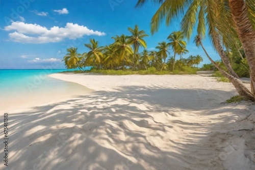 Green palm trees  blue sky  white sand tropical beach on the shore of the turquoise sea  ocean on a summer day. Recreation  tourism.