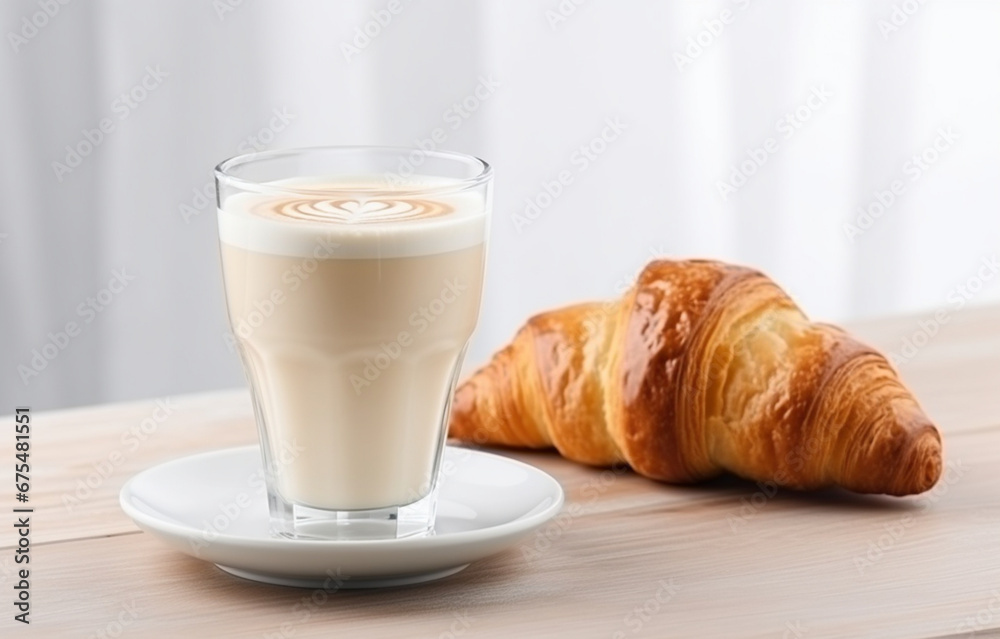 one glass mug of black coffee and croissant on white plate on white wooden table over light kitchen background one glass mug of black coffee and croissant on white plate on white wooden table over light kitchen background