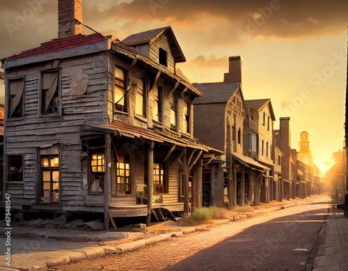 wooden ghost town in sunset photo