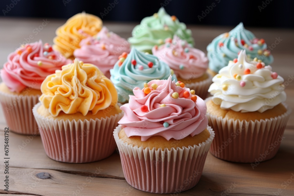 Several cupcakes with multicolored cream and sprinkles on top