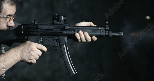 High-Speed Shooting with HK SP5K Assault Rifle, Side Perspective of Person Aiming and Firing