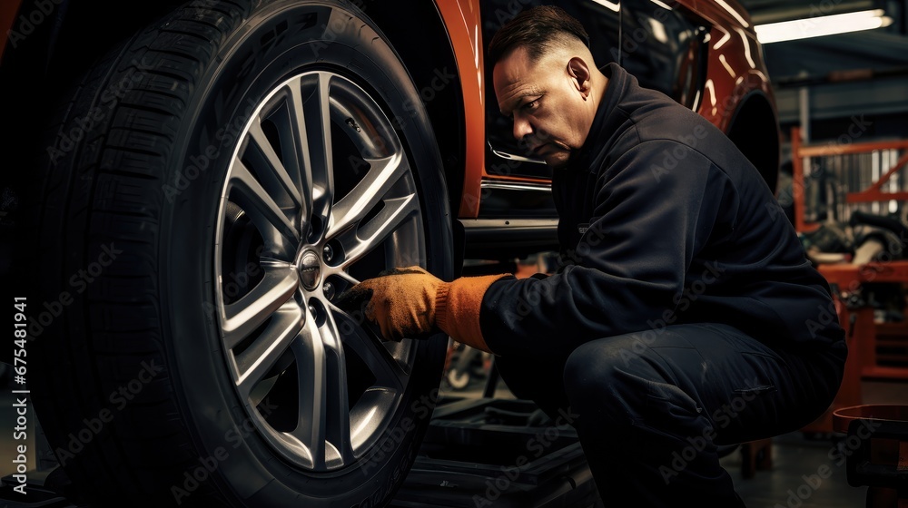 Skilled Mechanic at Work: A professional mechanic expertly handles tire replacement in an automotive repair garage, ensuring vehicles are equipped with the right tires for the season. Skilled Mechanic at Work: A professional mechanic expertly handles tire replacement in an automotive repair garage, ensuring vehicles are equipped with the right tires for the season.