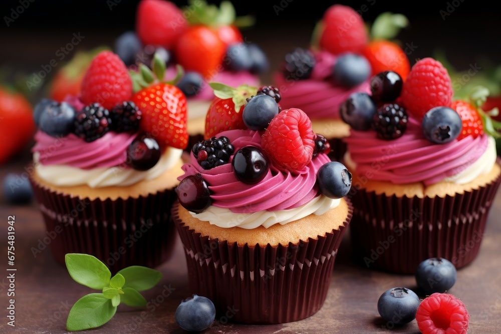 Cupcakes with fresh raspberry and blackberry on the top Cupcakes with fresh raspberry and blackberry on the top