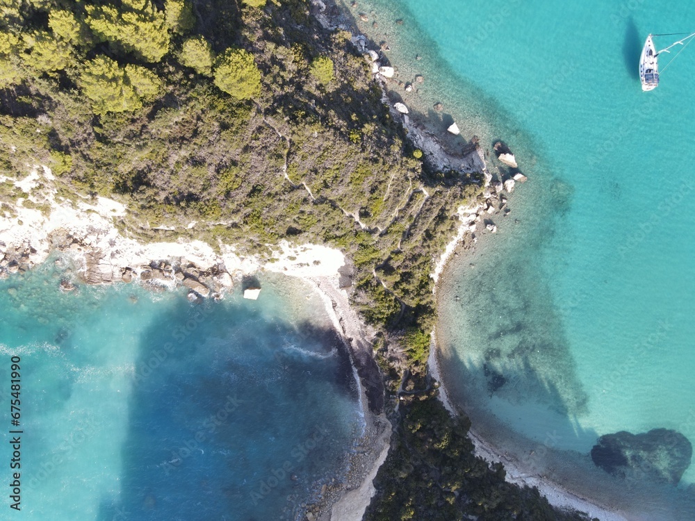 aerial view of the coast of island, lakka, paxos, greece