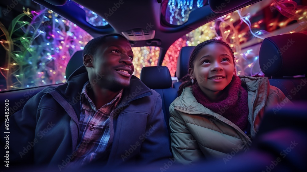 a family sitting in the back of a car, faces illuminated by the glow of a drive-through Christmas light display.