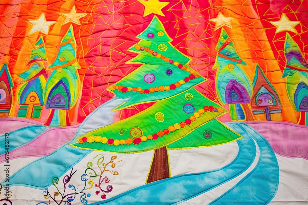 Christmas trees on fabric trapunto quilt embroidery style