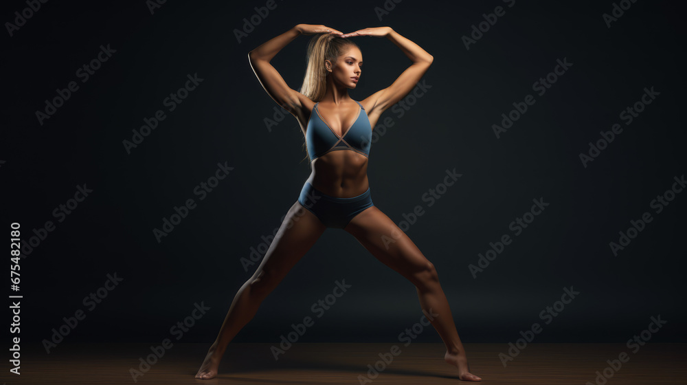 dark-skinned beautiful girl makes acrobatic movements in the studio with dark background