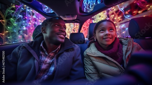 a family sitting in the back of a car, faces illuminated by the glow of a drive-through Christmas light display. photo