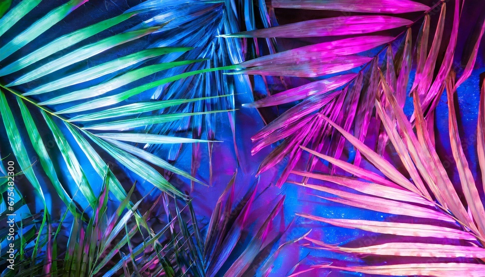 Flat lay of tropical palm leaves in vibrant bold neon holographic colors. Concept of minimalism background.