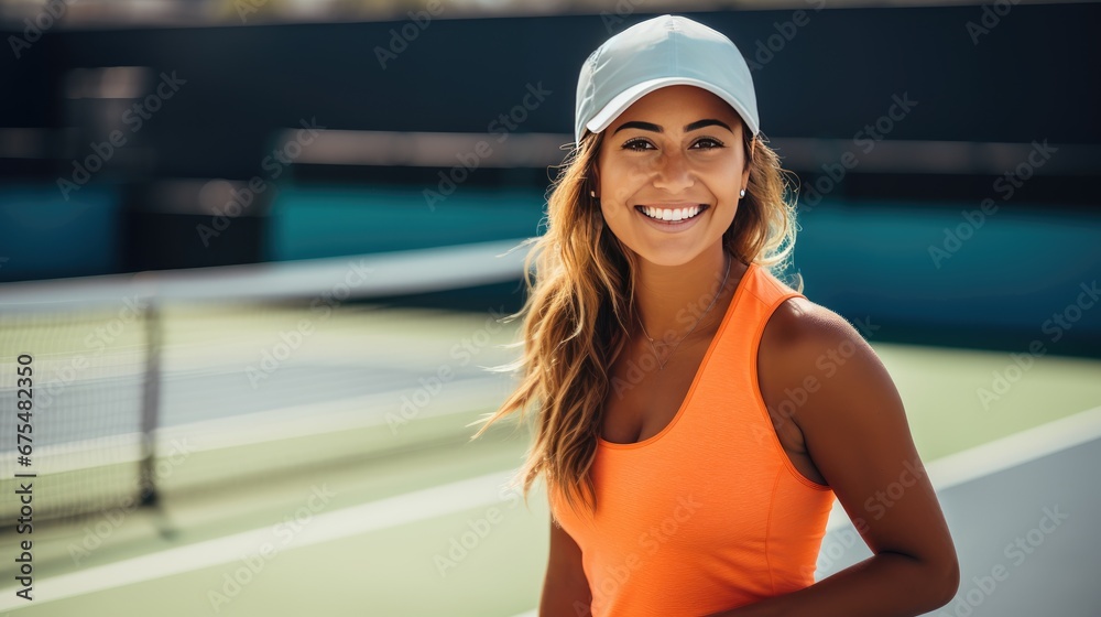 Fototapeta premium Dynamic Tennis Performance: A cute girl in action, playing tennis on a sunny court, her spirited poses captured for sports enthusiasts and active lifestyle promotions
