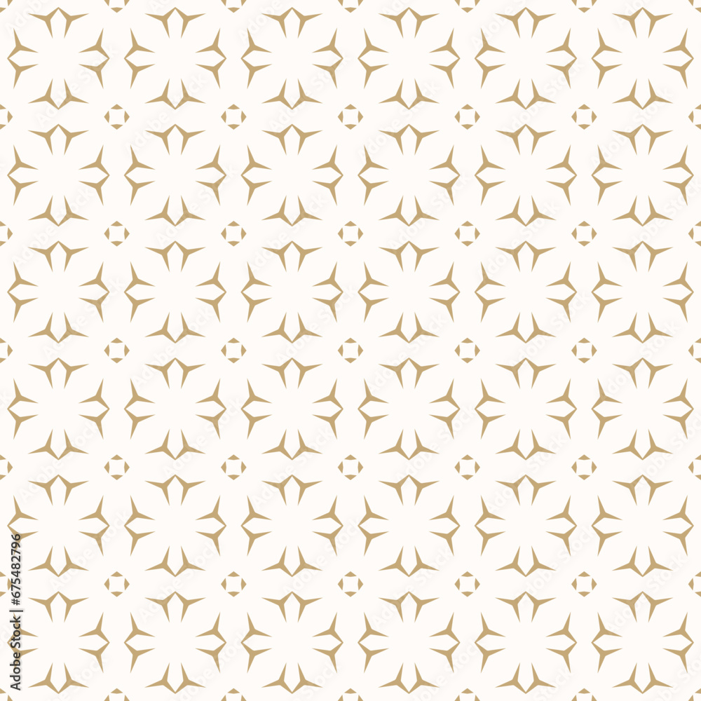 Vector floral gold and white minimal seamless pattern. Elegant geometric ornamental texture in oriental style. Abstract background with flower silhouettes. Simple gold ornament. Repeat geo design Vector floral gold and white minimal seamless pattern. Elegant geometric ornamental texture in oriental style. Abstract background with flower silhouettes. Simple gold ornament. Repeat geo design