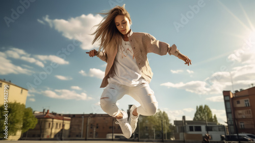 Beautiful young lady is dancing a modern dance, action and movement concept. 