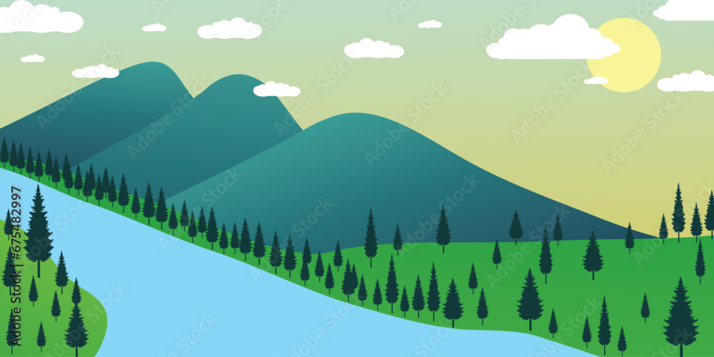 Vector ilustration of panoramic mountain landscape background design with silhoutte pine tree white clouds and sun