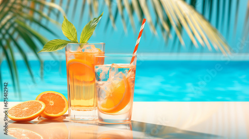 Cocktail background of swimming pool and palm leaves. Refreshing alcoholic drink with drinking straw, orange, and ice. Cocotail at the resort