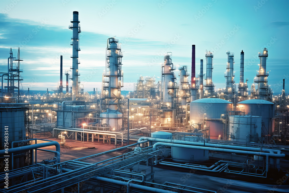 Gas thermal turbine electrical power plant generate electricity and glows at dusk Gas thermal turbine electrical power plant generate electricity and glows at dusk