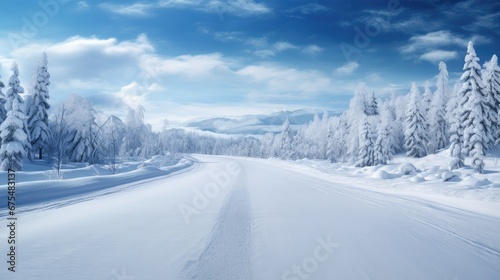 Winter Wonderland Road: A picturesque snowy road winds through a pristine landscape, capturing the serene beauty and challenges of winter travel © pvl0707