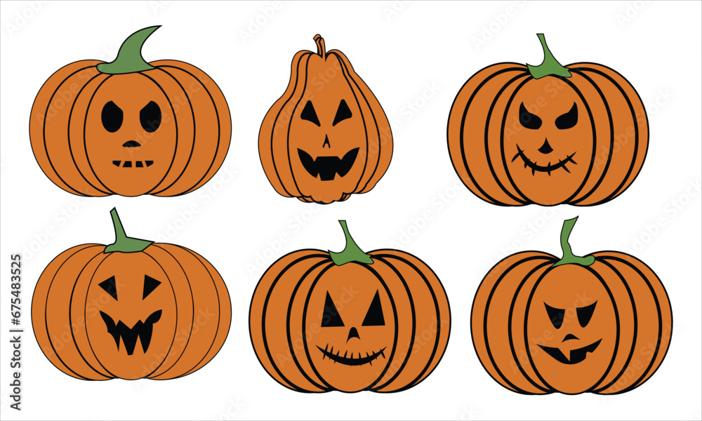 6 Halloween pumpkin icons set. Vintage funny pumpkins isolated on white background. Monsters faces. Design elements for logo, badges, banners, labels, posters. Vector illustration
Vector Formats

