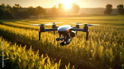 Agriculture from Above: Witness modern farming techniques in action with a drone quadcopter equipped with a high-resolution camera soaring above a lush green cornfield photo
