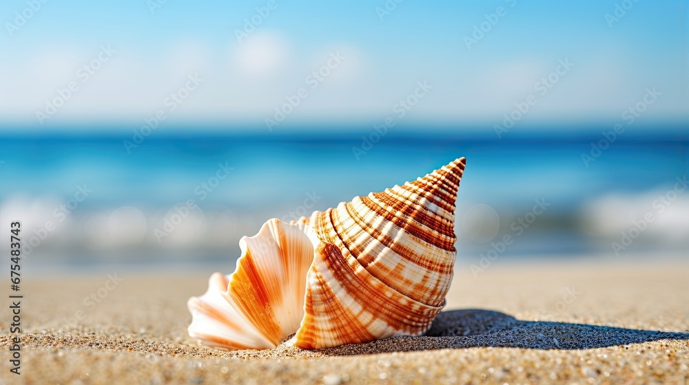 One seashell shell lies on the sandy shore of the sea or ocean at sunset of the day. Illustration for cover, card, postcard, interior design, banner, poster, brochure or presentation. - obrazy, fototapety, plakaty 