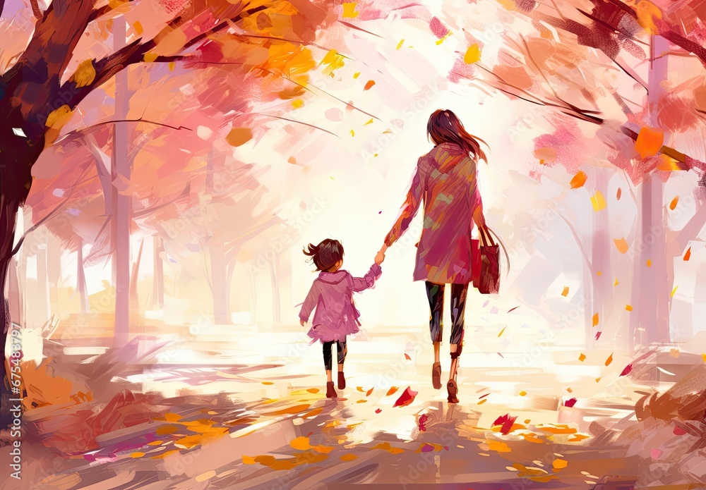 Mother and daughter taking walk in autumn park. Digital art in an artistic style. Illustration for cover, card, postcard, interior design, banner, poster, brochure, etc.