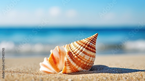 One seashell shell lies on the sandy shore of the sea or ocean at sunset of the day. Illustration for cover, card, postcard, interior design, banner, poster, brochure or presentation. photo