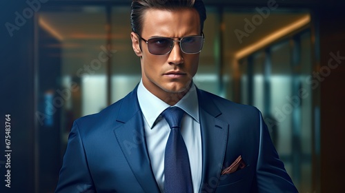 Close-up portrait of a serious male businessman in a suit and tie. Confident and elegant man. Illustration for banner, poster, cover, brochure, advertising, marketing or presentation.
