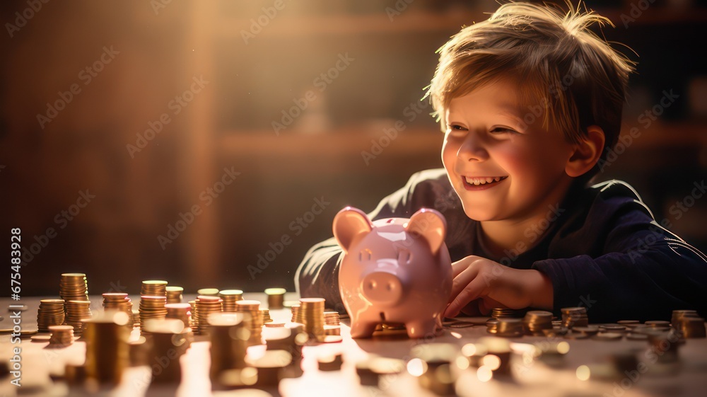 Smiling child with lots of coins in his pink piggy bank created with Generative AI - obrazy, fototapety, plakaty 