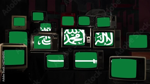 Vintage Televisions with the National Flag of Saudi Arabia. 4K Resolution. photo