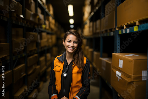 Portrait of smiling young female warehouse worker standing in warehouse. This is a freight transportation and distribution warehouse. Industrial and industrial workers concept. ia generative