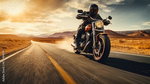 The Open Road Awaits: A biker, clad in black boots and leather jacket, sits confidently on a classic motorcycle by the side of the road, ready for a thrilling journey. photo