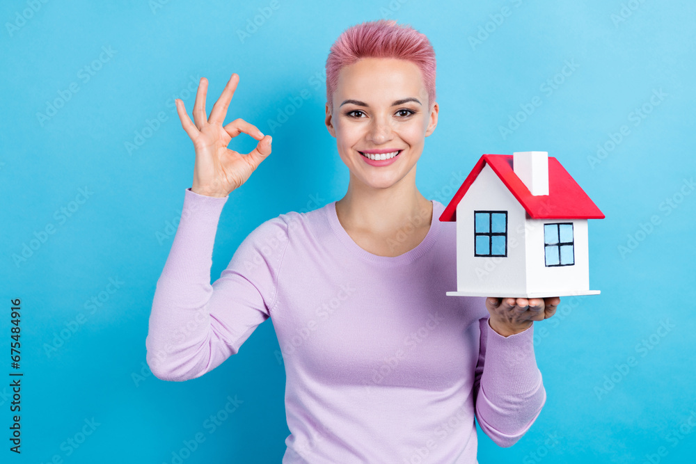 Photo of cheerful funny cute girl with short haircut dressed pink clothes showing okey hold house isolated on blue color background Photo of cheerful funny cute girl with short haircut dressed pink clothes showing okey hold house isolated on blue color background