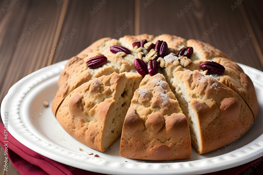 Soda bread in a cast iron pan with cranberries and pecans Soda bread in a cast iron pan with cranberries and pecans