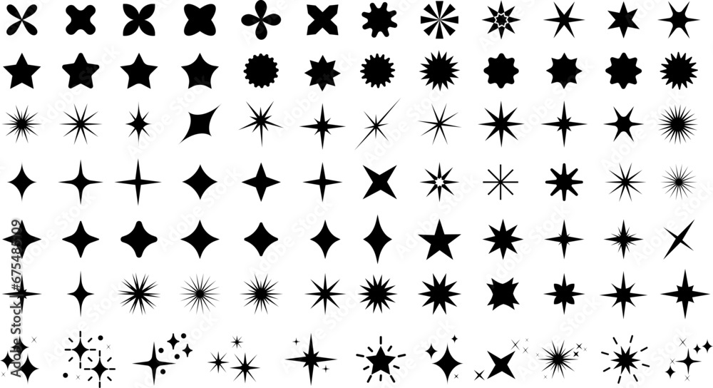 Fototapeta premium Set of sparkles star icons. Modern simple black stars collection. Christmas stars icons. Bright firework . Flash,shine sparkle icon,glare,blink star,light.