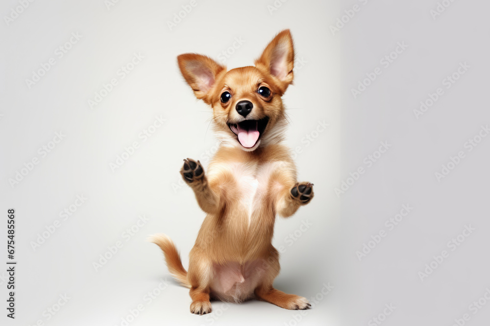Funny puppy dog standing on hind legs. Cute brown playful dog or pet isolated on transparent background Funny puppy dog standing on hind legs. Cute brown playful dog or pet isolated on transparent background