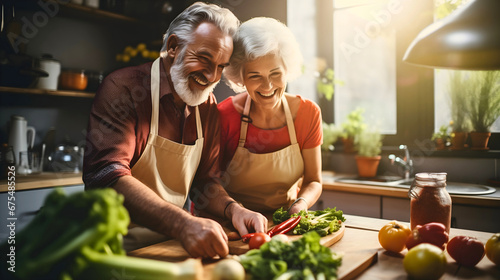 Happy senior couple in love, wearing aprons and smiling in the kitchen, table full of fresh vegetables, preparing healthy meal, blurred kitchen background, morning sunshine coming through the window photo