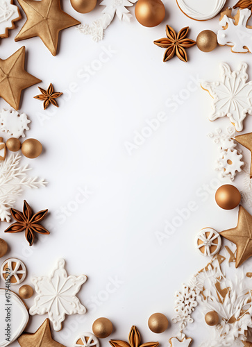 Christmas frame with cookies, star anise, and new year's golden balloons on a white background. Generative AI