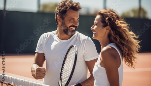 Doubles tennis. Happy couple man and woman playing tennis in summer. Mixed doubles tennis team.
 photo