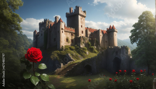 an ancient castle in the forest and one red rose in the foreground - AI Generative photo