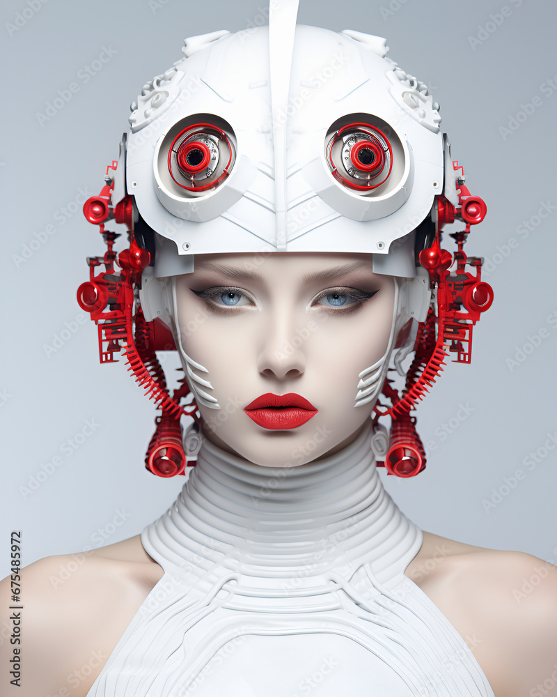 Beauty model woman with red lips wearing futuristic helmet.
