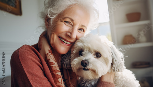Joyful senior woman and her dog portrait. Elderly people and their pets.