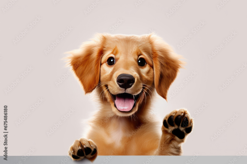 Funny golden retriver puppy dog standing on hind legs. Cute brown playful dog or pet isolated on transparent background.