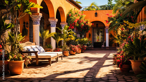 Obraz na płótnie Lush courtyard of a colonial hacienda with vibrant colors