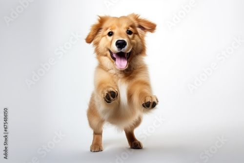 Funny golden retriver puppy dog standing on hind legs. Cute brown playful dog or pet isolated on transparent background.