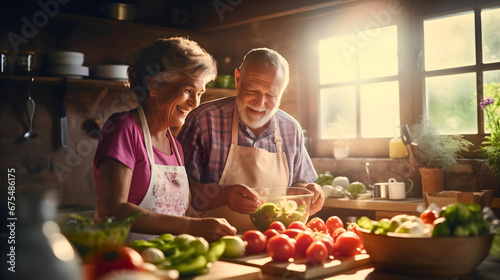 Happy senior couple in love  wearing aprons and smiling in old wooden kitchen  table full of fresh vegetables  healthy ingredients for a meal. Dishes in the background