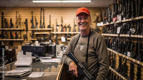 Firearm store background. Middle aged man owner of gun shop posing with automatic weapon in his hand.