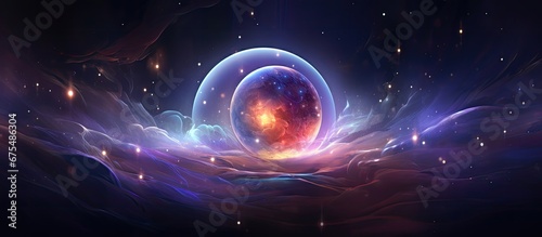 The watercolor illustration of a Halloween themed glass galaxy captures a magical ball decoration within a cosmic artwork showcasing an isolated crystal sphere resembling a fortune telling  photo