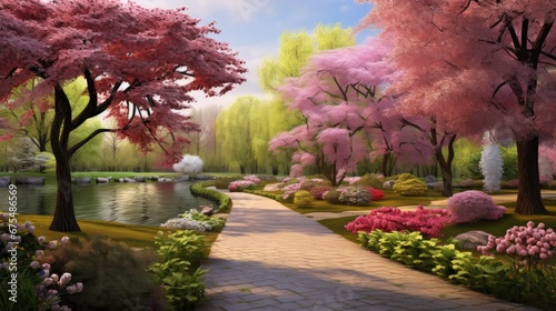 A Captivating Spring Park  Enjoy the beauty of a lovely spring landscape park adorned with vibrant blooming flowers  a perfect image of nature s renewal