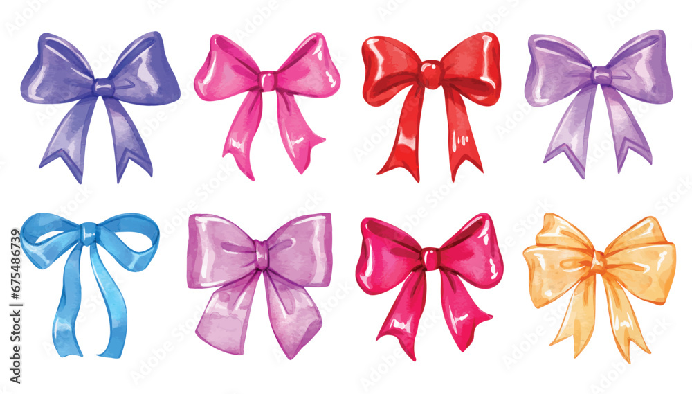 Watercolor ribbon bow vector collection. a set of decoration bow illustrations. colourful decorative gift Bowknots. 